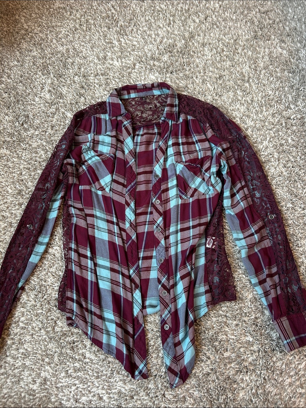 Vanity Burgundy and Light Blue Plaid Button-Down Top with Lace Sleeves